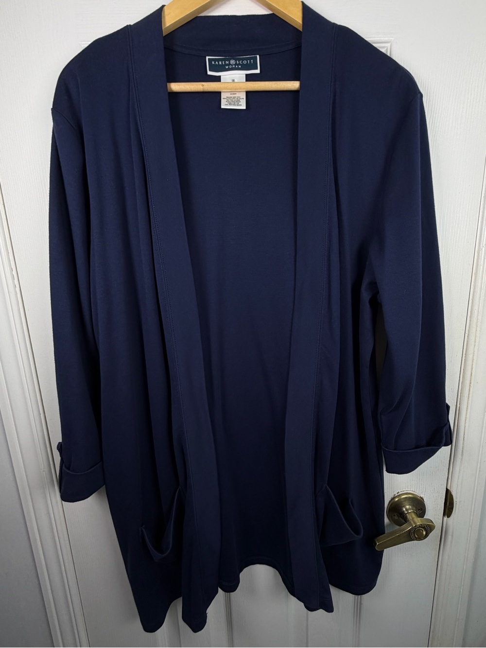 Karen Scott Navy Open Front Cardigan 1X Cotton Roll Tab Sleeve Duster